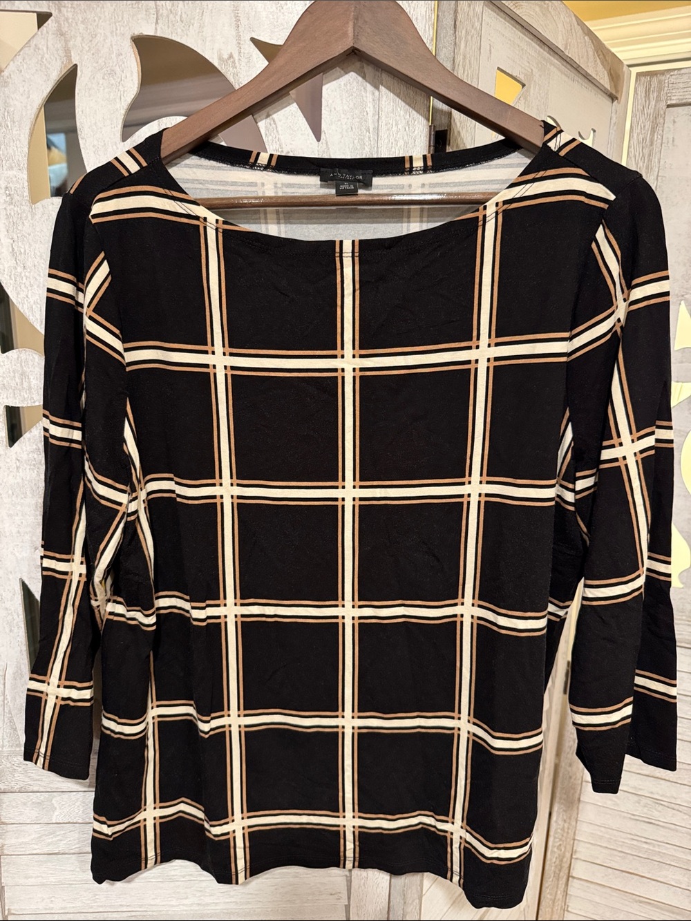 Ann Taylor Black Plaid Boatneck Top with Cream Grid